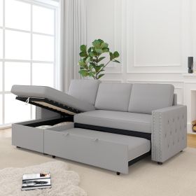 85 Inches Sofa Bed, 3 Seater Sleeper Sofa with Storage Chaise, Square Handrail With Pull and Copper nail,Chenille-Light Grey