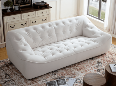 WKS10W White sofa with removable pillows, durable fabric, solid wood frame, high density sponge filler
