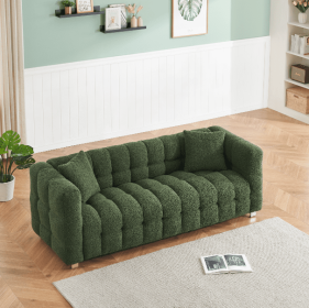 Cozy Green Teddy Fleece Sofa with Hardware Foot Support - 80" Living Room/Bedroom Couch, Includes 2 Throw Pillows