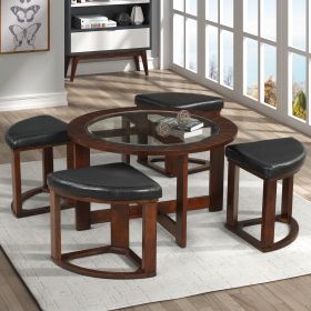 CYLINA ROUND GLASS TOP TABLE SET | SOLID WOOD COFFEE TABLE & 4 STOOLS