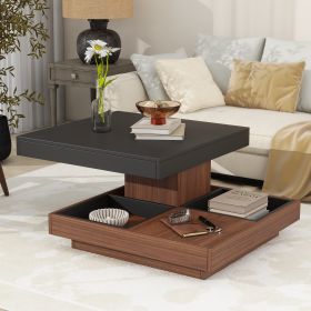 TRENDY 360° ROTATING COFFEE TABLE – MODERN BLACK 2-TIER WOOD CENTERPIECE WITH DETACHABLE TRAYS & STORAGE