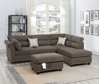 VIBRANT TAN VELVET REVERSIBLE SECTIONAL SOFA SET | 3PC WITH OTTOMAN & PILLOWS