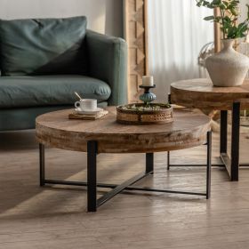 Modern Retro Splicing Round Coffee Table, Fir Wood Table Top with Black Cross Legs Base