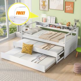 Elegant Twin XL Wood Daybed with 2 Trundles & 3 Storage Cubbies | USB Charging, Light Included – White