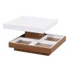 TRENDY 360° ROTATING WHITE SQUARE COFFEE TABLE – 2-TIER FARMHOUSE WOOD CENTERPIECE W/ DETACHABLE TRAYS & STORAGE