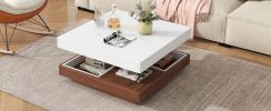 TRENDY 360° ROTATING WHITE SQUARE COFFEE TABLE – 2-TIER FARMHOUSE WOOD CENTERPIECE W/ DETACHABLE TRAYS & STORAGE