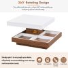 TRENDY 360° ROTATING WHITE SQUARE COFFEE TABLE – 2-TIER FARMHOUSE WOOD CENTERPIECE W/ DETACHABLE TRAYS & STORAGE