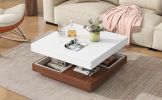 TRENDY 360° ROTATING WHITE SQUARE COFFEE TABLE – 2-TIER FARMHOUSE WOOD CENTERPIECE W/ DETACHABLE TRAYS & STORAGE