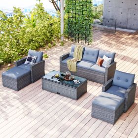 Ultimate GO 6-Piece All-Weather Wicker Rattan Patio Dining & Conversation Sectional Set with Coffee Table, Sofas, & Ottomans (Color: as Pic)