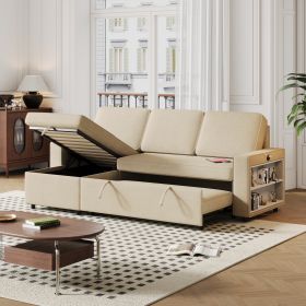 Ultimate 85.8" L-Shaped Pull Out Sleeper Sofa Bed | Convertible Couch with Storage Chaise, USB & T-Pyce Ports, Dual Storage Racks (Color: Beige)