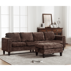 Ultimate 5-Seat Modular Sofa with Storage Ottoman | Convertible L-Shaped Sectional Couch | Reversible Chaise & Riveted Design (Color: Brown)