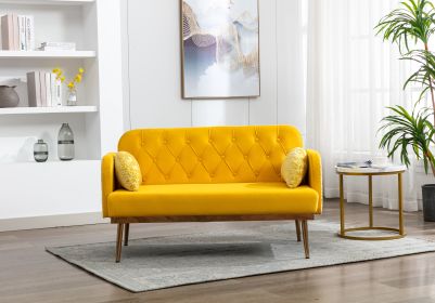 Luxurious Velvet Accent Sofa with Sleek Metal Feet – Stylish Loveseat for Elegant Living Rooms (Color: Yellow)
