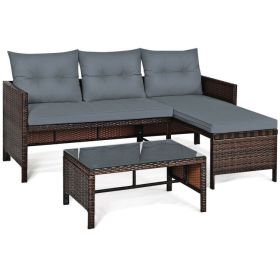Luxe Coastal 3-Piece Outdoor Patio Rattan Corner Sofa Set | All-Weather Wicker Lounge with Cushions & Glass Table (Color: Gray)