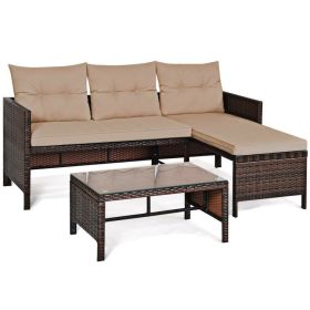 Luxe Coastal 3-Piece Outdoor Patio Rattan Corner Sofa Set | All-Weather Wicker Lounge with Cushions & Glass Table (Color: Beige)