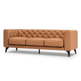 92" LUXE GENUINE LEATHER SOFA - 3-SEATER TUFTED COUCH WITH FEATHER-DOWN TOPPER FOR LIVING ROOM | ELEGANT GRAIN LEATHER FURNITURE (Color: as Pic)